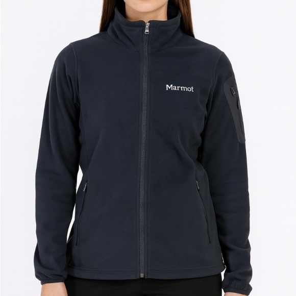 Marmot fleece jacket black full zip thumb holes active wear chore running SZ SM - Picture 1 of 11